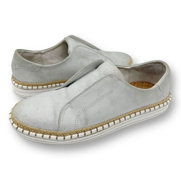 J/Slides NYC Kayla Leather Metallic Gray Slip-On Sneakers Whipstitch Detail 7 - Picture 3 of 12